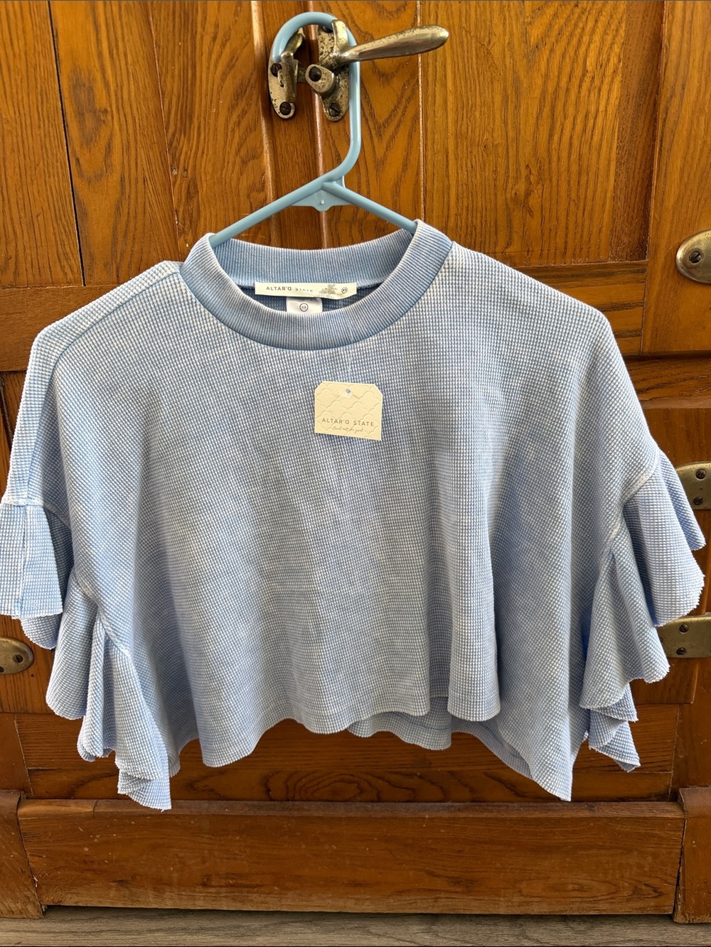 Altar'd State Light Blue Waffle Cropped Ruffle Sleeve Top